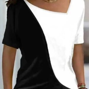 Color Block Irregular V-neck Short Sleeves T-shirt